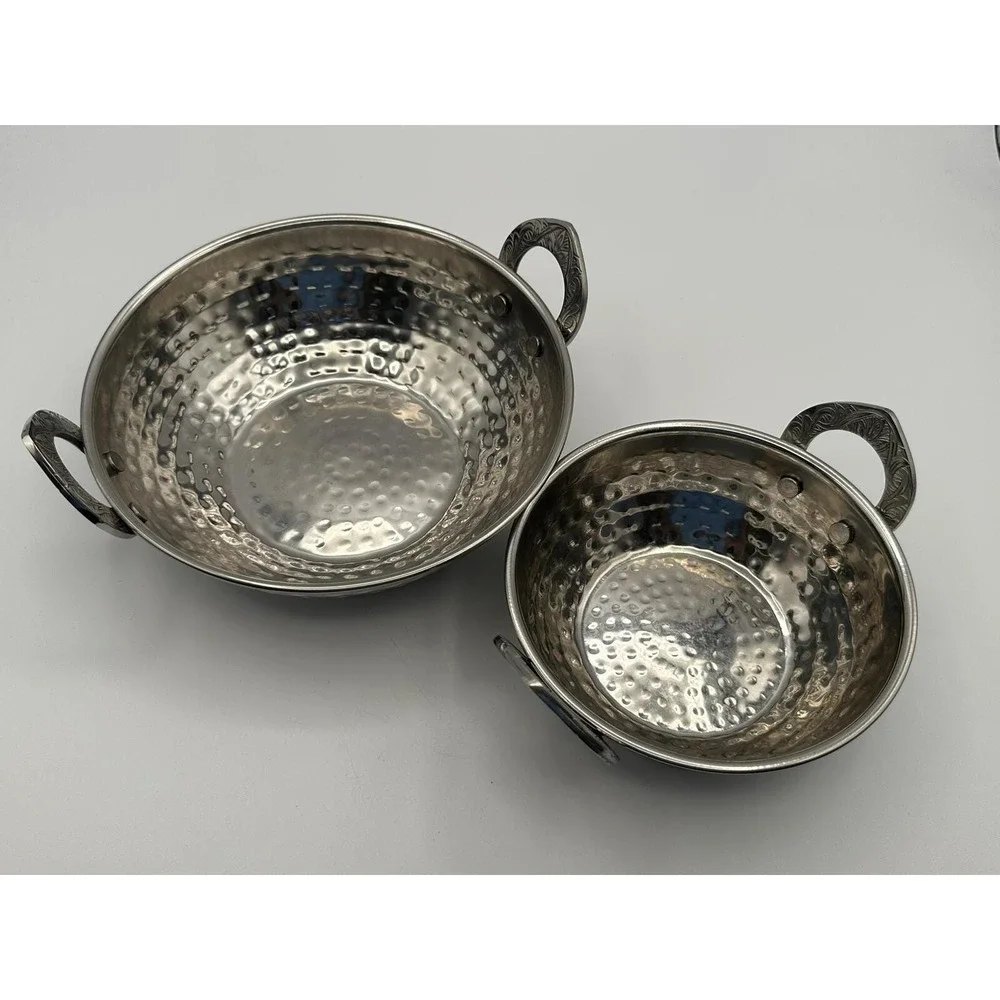 Pair of Hammered Metal Bowls — Ornate Engraved Handles, Vintage Decorative Bowls